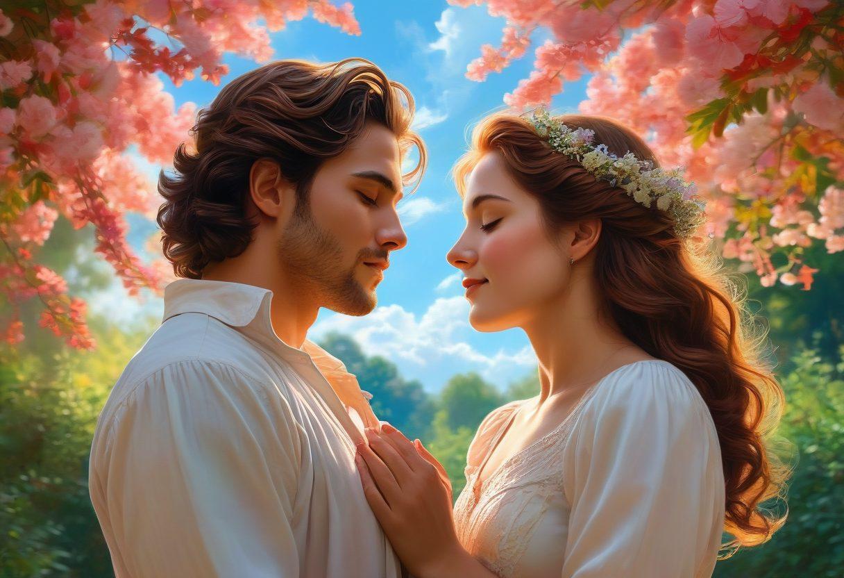 A serene outdoor scene featuring two soulmates gazing into each other's eyes, surrounded by a lush garden filled with blooming flowers symbolizing love and connection. Soft sunlight filtering through the trees, casting a warm glow on their faces, while a gentle breeze rustles the leaves. Include elements like intertwined hands and delicate heart-shaped clouds in the background. super-realistic. vibrant colors. natural lighting.