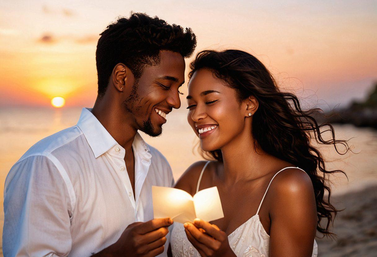 A visually captivating portrayal of a romantic couple transitioning from playful flirting to deep commitment, depicted through a series of connected moments - sharing a playful glance, laughing together, exchanging love notes, and finally embracing in a serene sunset. Include elements of soft lighting, heart motifs in the background, and a subtle sense of warmth and connection. super-realistic. warm colors. soft focus.